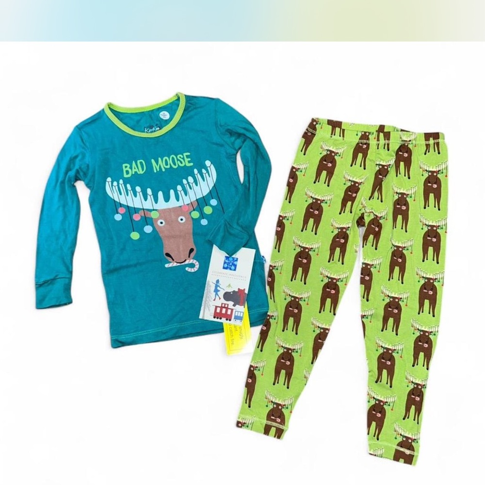 Bad Moose Kickee Pants Kids Pajamas Set - Teal and Green NWT